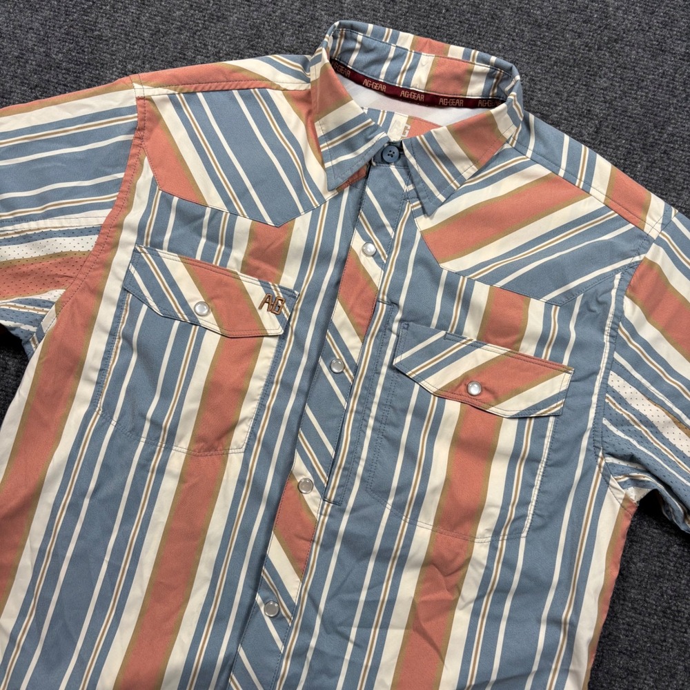 AG Gear Stockyard Mirror Stripe Shirt Mens S Blue Peach Pearl Snap